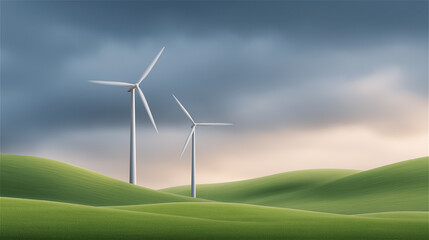 Fototapeta premium Wind turbines standing on rolling green hills under dramatic cloudy sky, symbolizing renewable energy, sustainability, technology, clean environment, future progress and ecological innovation.