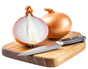 Half Onion with Chef Knife and Wooden Cutting Board Style, isolated on transparent background.