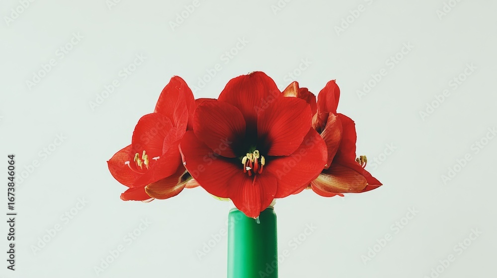 Poster red amaryllis flowers in a green vase add vibrant color to a minimalist backdrop in a modern setting