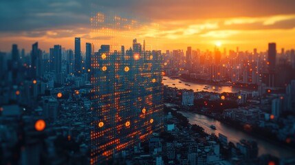 Obraz na płótnie Canvas Sunset Cityscape, Network Data, River, Technology