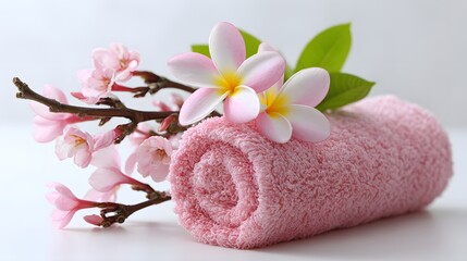 Relaxing spa composition with pink rolled towel and plumeria flowers with water drops, perfect for wellness, beauty, and aromatherapy themes