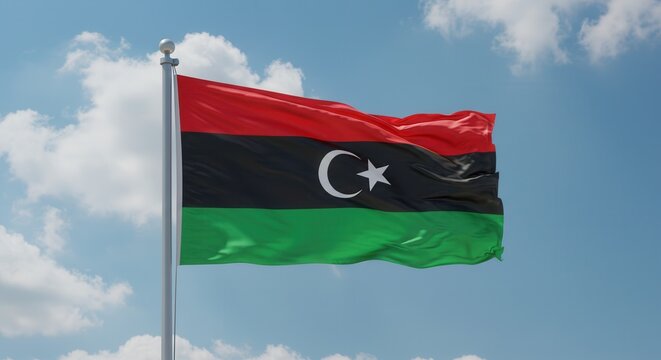 Libya National Flag Waving on Flagpole Against Sky – Independence Day Celebration