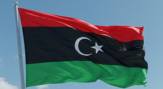Libya National Flag Waving on Flagpole Against Sky – Independence Day Celebration