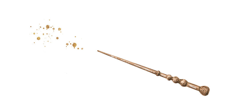 Magic wand watercolor illustration. Wooden carved pointer with golden splashes. Hand drawn graphics isolated on white background. Wizard school element for kids design, cards, scrapbooking, decor.