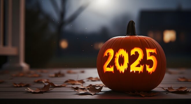 Glowing jack-o'-lantern carved with the year 2025 sits on a porch covered in autumn leaves, heralding the upcoming Halloween season