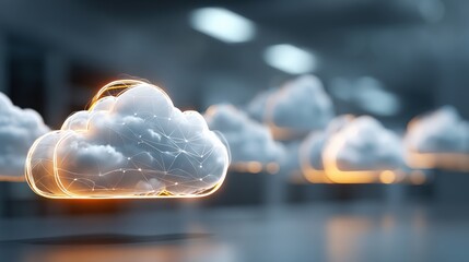 Glowing digital cloud computing concept with data particles and light, representing technology and connectivity