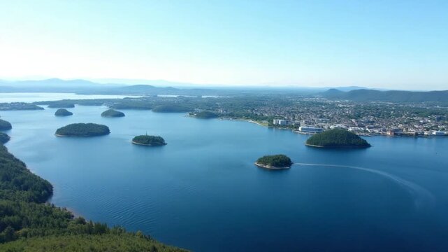 Oslo Fjord near Oslo City and Islands on Summer Sunny Day. Norway. Aerial Drone Shot. Moving Sideways. Vertical