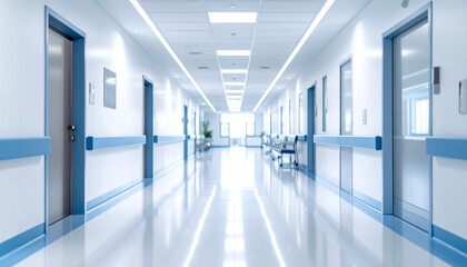 Obraz premium Empty hospital hallway showing modern architecture with bright lighting and sterile environment