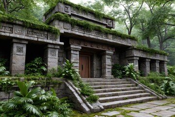Obraz premium Ancient mayan temple emerging from lush jungle vegetation