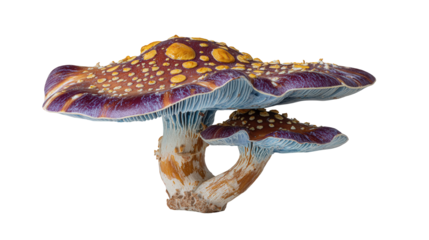 Two Purple And Yellow Mushrooms With Spots On Black Background