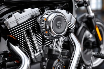 Fototapeta premium Powerful v twin engine of a modern motorcycle gleaming under studio lights