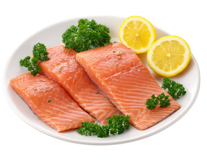 Fresh salmon fillet raw fish lemon parsley gourmet appetizer healthy seafood white plate culinary isolated delicious