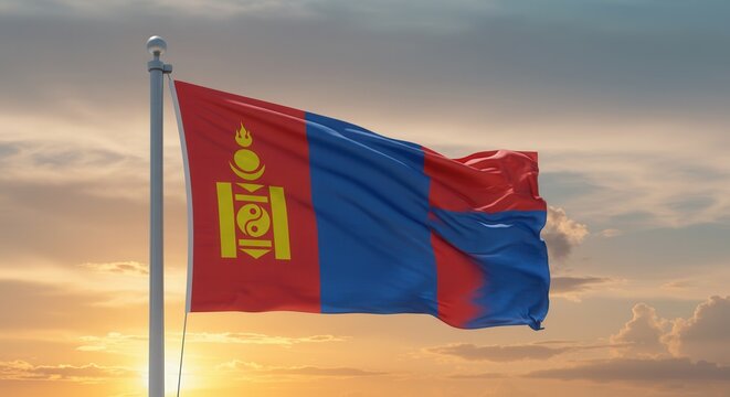 Mongolia National Flag Waving on Flagpole Against Sunrise Sky – Independence Day