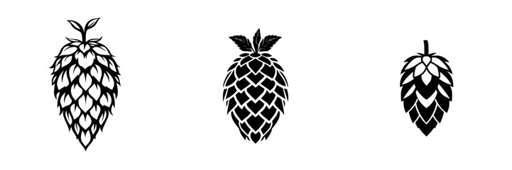 Minimalist black-and-white vector illustrations of pine cones in silhouette form showcasing nature's detail and simplicity