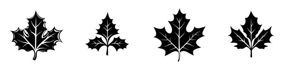 Collection of minimalist black-and-white vector illustrations of various leaf silhouettes displayed in a simple design