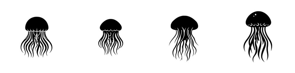 Stylized black-and-white vector illustration of minimalist jellyfish silhouettes with flowing tentacles
