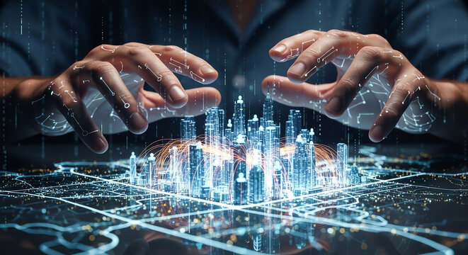 Male hands controlling a glowing blue holographic smart city with digital network connections.