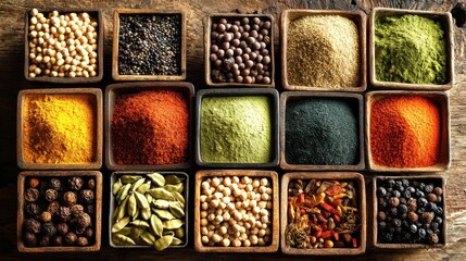 Colorful Variety of Spices in Wooden Bowls on Rustic Tabletop
