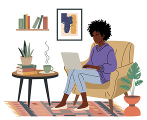 Flat vector illustration of young Black African American woman sitting in armchair with laptop, mid-century modern cozy room, vintage decor, remote job and freelance concept.