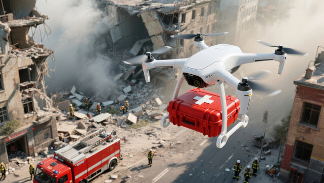 Futuristic drone delivering emergency medical supplies in a disaster-stricken urban area with collapsed buildings and smoke. 