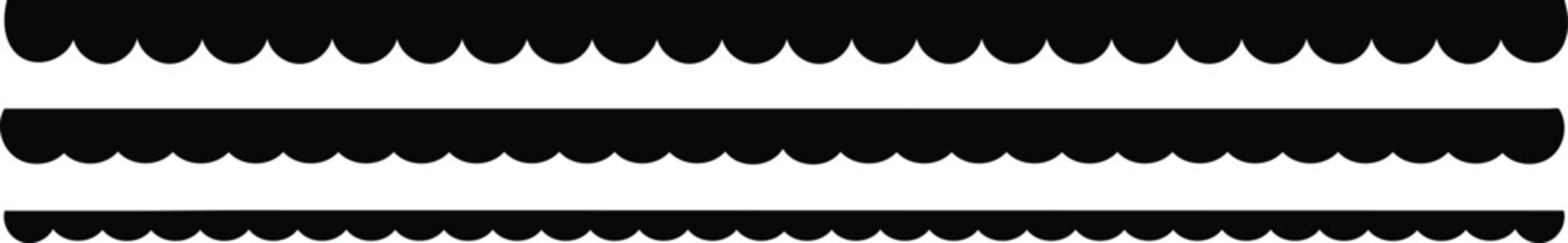 Scalloped edge seamless shapes vector set. Simple scalloped border. Simple scalloped border. Repeat vintage frill ornament. Texture ribbons isolated on white background.