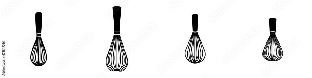 Poster set of minimalist black-and-white vector illustrations depicting different styles of whisks in a sim
