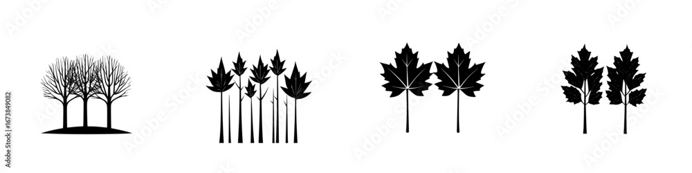 Poster minimalist vector illustration of black and white tree silhouettes depicting various types of trees 