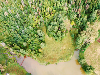 Aerial top view landscape with forest and lake on sunny day