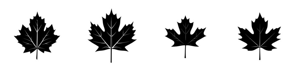 Black and white vector illustration of minimalist leaf silhouettes in various shapes for environmental and nature themes