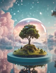 Miniature Floating Island with Tree in Glass Dome