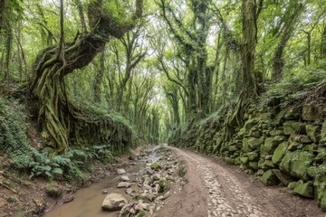 Lush forest path lined with ancient trees and moss-covered stone walls