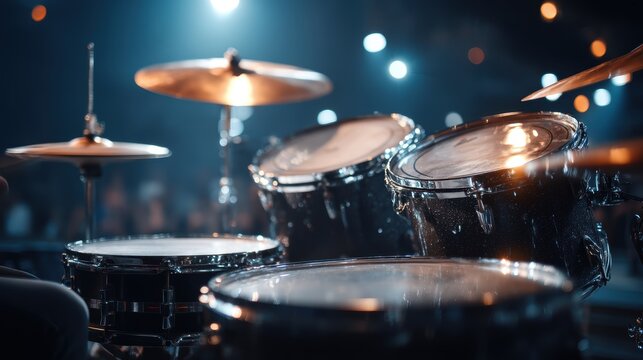 Close-Up View of a Drum Set with Shimmering Stage Lights