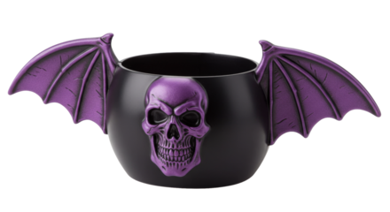 Black mug with purple skull and bat wings png isolated on transparent background