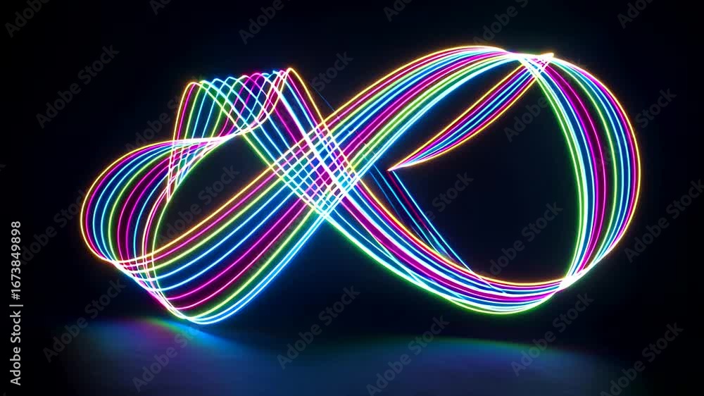 Poster abstract multicolored neon infinity loop animation on a dark background for creative motion graphics