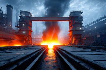 Steel mill pouring molten metal at dusk, heavy industry scene