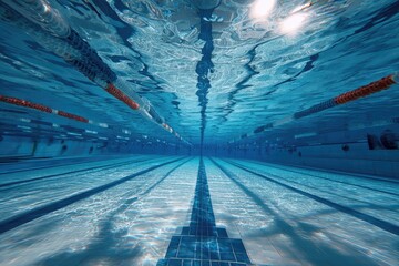 Underwater view of empty swimming pool lanes