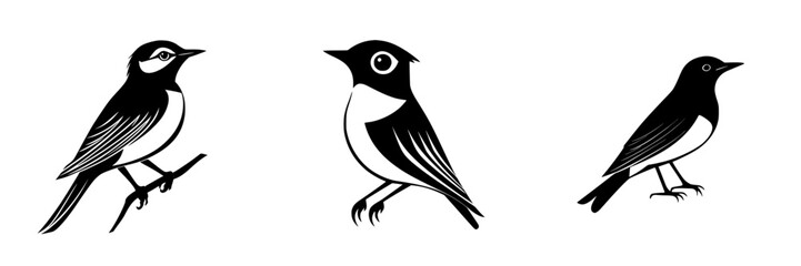 Obraz premium Minimalist black-and-white vector illustration of three birds perched on branches in a simple silhouette style