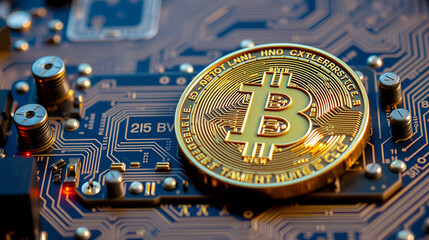 una moneda de bitcoin sobre una placa base y luces