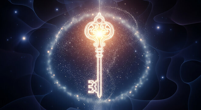 A luminous ornate skeleton key made of golden light surrounded by a halo of sparkling stardust. - Powered by Adobe