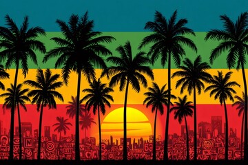 Obraz premium Palm trees silhouetted against vibrant sunset and cityscape