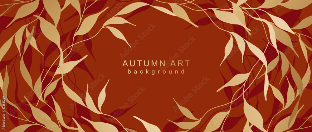 Sticker autumn fall art background. abstract banner with frame of golden branches and leaves. vector illustr