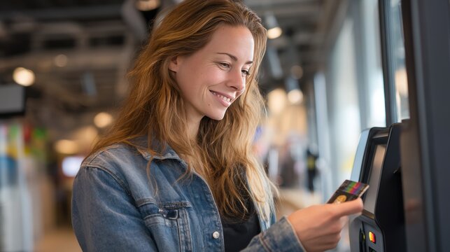 Young Woman Using Card at Self-Service Kiosk in Modern Space