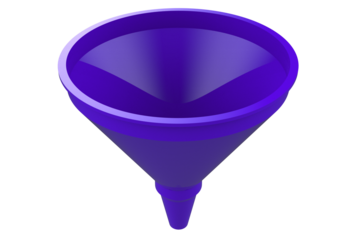 High-resolution 3D render of a vibrant purple plastic funnel, used for pouring liquids or materials. Isolated object featuring strong color and clean design, on a PNG Transparent HD Background.