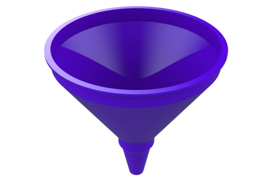 High-resolution 3D render of a vibrant purple plastic funnel, used for pouring liquids or materials. Isolated object featuring strong color and clean design, on a PNG Transparent HD Background.