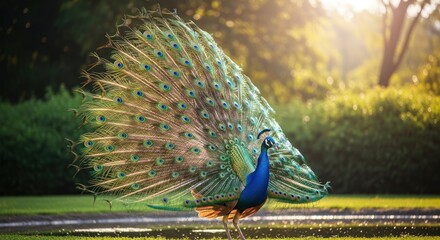 Obraz premium Majestic Peacock Displaying Vibrant Plumage in Golden Sunlight, Nature's Beauty