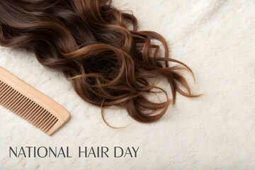  Elegant National Hair Day celebration with luscious brown waves and a classic comb on a luxurious white textured surface. generative ai
