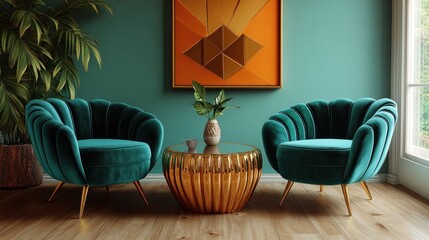 Teal velvet chairs, gold table, mid-century room