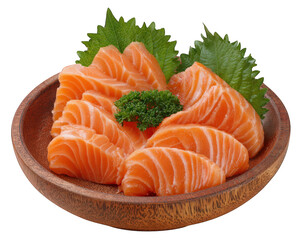Fresh salmon sashimi slices arranged on wooden plate with green shiso leaves and parsley garnish, showcasing vibrant orange color and delicate texture, evoking sense of freshness