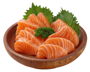 Fresh salmon sashimi slices arranged on wooden plate with green shiso leaves and parsley garnish, showcasing vibrant orange color and delicate texture, evoking sense of freshness