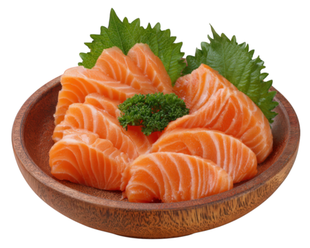 Fresh salmon sashimi slices arranged on wooden plate with green shiso leaves and parsley garnish, showcasing vibrant orange color and delicate texture, evoking sense of freshness